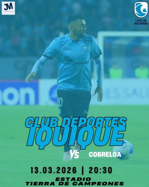 #Ascenso2026 Fecha 4.
Deportes Iquique recibe a Cobreloa por una nueva fecha de la Liga de Ascenso.

El partido está programado para este viernes a las 20:30 horas en el Tierra de Campeones. 

Entradas disponibles en cditicket.cl y la Tienda Celeste. 

#VamosIquique #TodosSomosCelestes

Foto: @fabiancejas