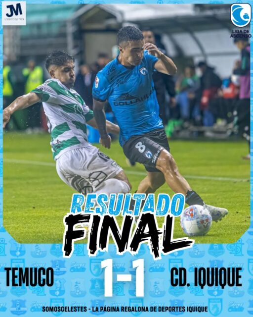 #Ascenso2026 FINAL.
En un partido barroso y con pocas llegadas, Deportes Iquique se trae un empate desde Temuco. 

Un autogol de los locales y el empate en los descuentos nos dejaron con una sensación amarga, pero como dijimos la semana pasada esto recién comienza. 

Ahora se viene el Clásico. 

#VamosIquique #VamosDragones #TodosSomosCelestes